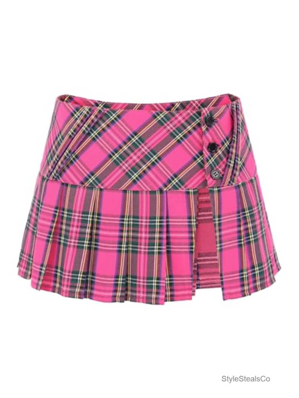 Mini Plaid Pleated Skirt Low Waist Slit Schoolgirl Uniform Polyester